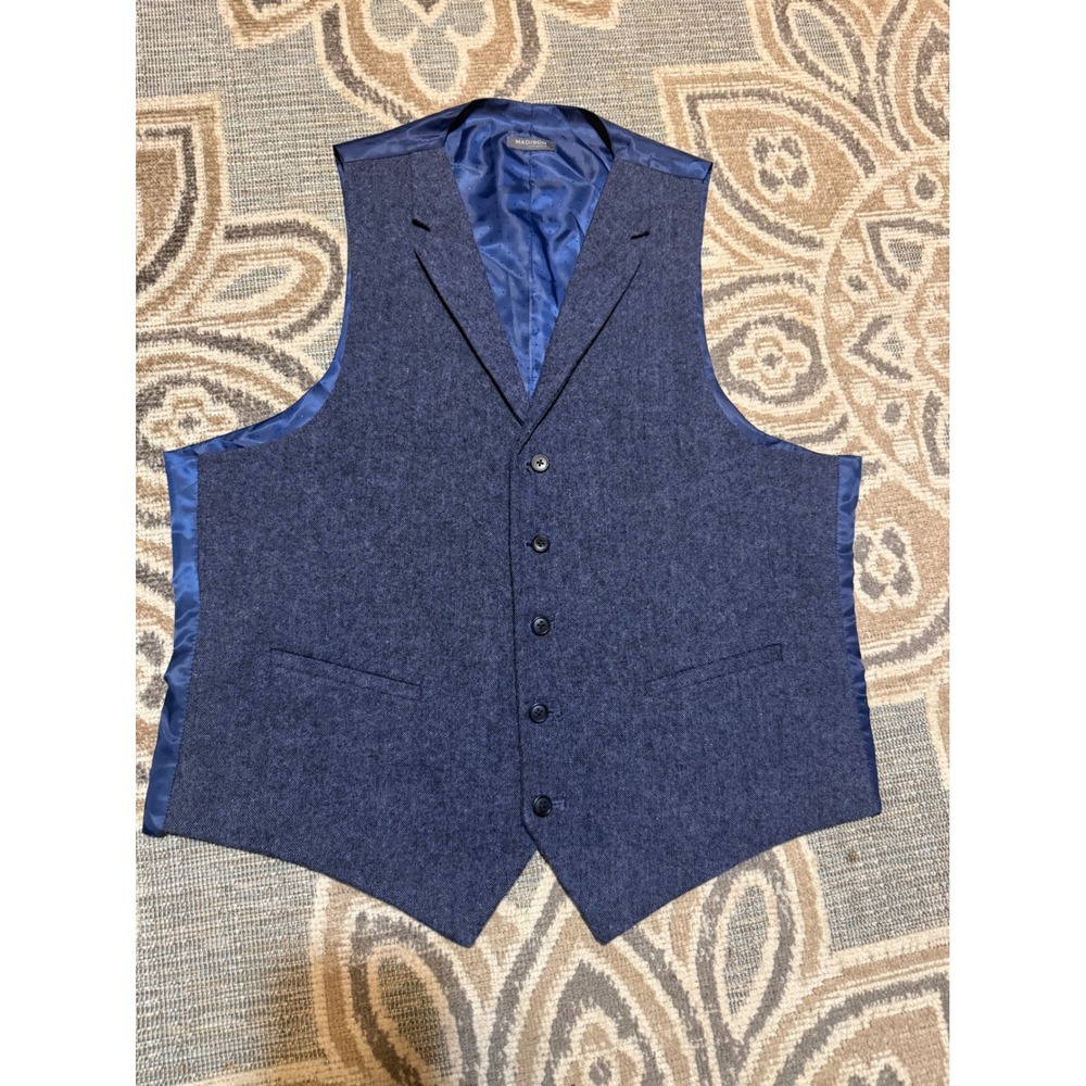 Madison Mens Blue Wool Blend Notched Lapel Suit Vest Waistcoat Size L - Picture 1 of 8